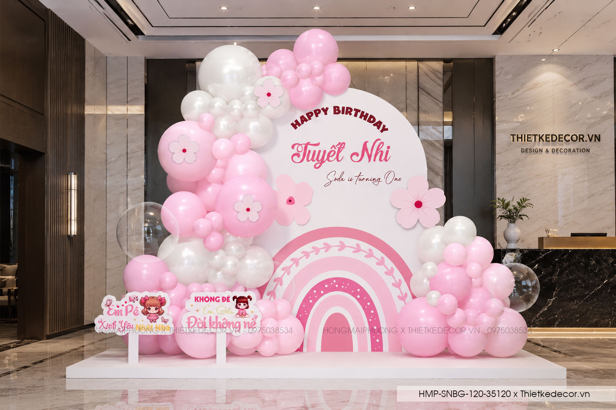 File thiết kế decor trang trí tiệc sinh nhật bé gái mix hoa, bong bóng cute dễ thương đáng yêu tone hồng